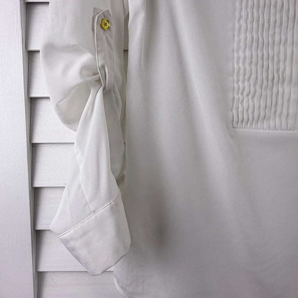 Michael‎ Kors Pleated Zip Front Blouse Womens S White Roll Tab Sleeve